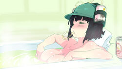  bathing bathtub beer_can beer_hat black_hair blush breasts can cleavage closed_eyes commentary_request drink_can drinking female floating_breasts hat highres kyoumachi_seika large_breasts nude petenshi_(dr._vermilion) short_hair solo towel voiceroid 