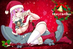  bell boots bow breasts christmas cleavage commentary_request date_naoto female gloves hat highres holly knee_boots large_breasts long_hair looking_at_viewer mistletoe original parted_lips pink_eyes pink_hair santa_costume santa_hat shiny_skin smile solo stuffed_animal stuffed_toy thighhighs thighs white_gloves wreath zettai_ryouiki 