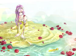  3ta2 alternate_costume alternate_hairstyle commentary_request dress faris_scherwiz feathers female final_fantasy final_fantasy_5 flower red_flower red_rose rose sad sad_smile sarisa_highwind_tycoon smile solo spoilers water 