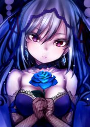  bad_id bad_pixiv_id breasts drill_hair female grey_hair highres idolmaster idolmaster_cinderella_girls kanzaki_ranko long_hair medium_breasts red_eyes smile solo twin_drills twintails veil yummy_yoi 