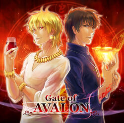  2boys alcohol blonde_hair bracelet brown_eyes brown_hair chalice command_spell commentary_request cross cross_necklace cup drinking_glass fate/zero fate_(series) gilgamesh_(fate) holy_grail_(fate) jewelry kotomine_kirei magic_circle momopanda multiple_boys necklace official_alternate_costume photoshop_(medium) red_eyes wine wine_glass 