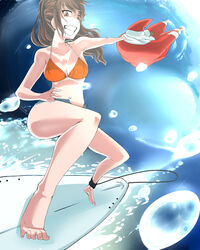  absurdres bad_neck bakuya barefoot bikini bikini_top_only blue_shorts breasts brown_eyes brown_hair christmas cleavage commentary_request feet female foreshortening grin highres medium_breasts navel open_fly orange_bikini original santa_costume shorts smile solo surfboard surfboard_leash surfing swimsuit unzipped 