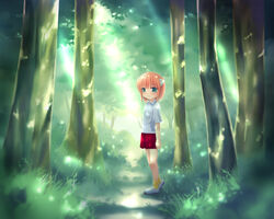  aged_down alternate_eye_color aqua_eyes bad_id bad_pixiv_id elfen_lied female forest grass horns lolicon lucy_(elfen_lied) nature pink_hair shirt short_hair skirt solo standing sunlight t-shirt tree yayoi_(pipi) 