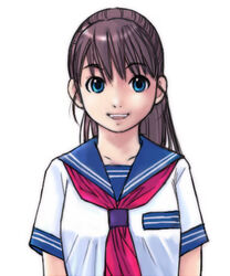  blue_eyes brown_hair commentary_request female hakkatou long_hair looking_at_viewer neckerchief open_mouth original ponytail school_uniform serafuku short_sleeves simple_background solo upper_body white_background 