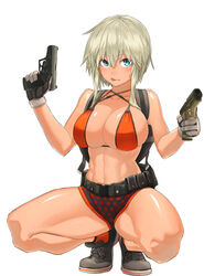  :p abs backpack bad_id bad_pixiv_id bag belt bikini bikini_top_only black_footwear blonde_hair blue_eyes breasts cleavage collarbone cross-laced_footwear dual_wielding eyebrows female full_body gloves gun handgun highres holding holding_gun holding_weapon kirii large_breasts looking_at_viewer midriff navel original polka_dot shiny_skin shoes short_hair shorts sidelocks simple_background sneakers socks solo squatting swimsuit thick_thighs thighs toned tongue tongue_out trigger_discipline utility_belt walther walther_p99 weapon white_background white_gloves 