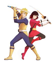  1boy blonde_hair blue_eyes boots female gloves jaune_arc katana nymre red_hair ruby_rose rwby samurai_sentai_shinkenger shinken_gold shinken_red silver_eyes super_sentai sword 