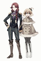  1boy absurdres bad_id bad_link bad_twitter_id bogue_con-vaart boots cross-laced_footwear female freyja_wion fur_trim green_eyes hair_ribbon highres holding_hands interlocked_fingers jacket lace-up_boots macross macross_delta misteor multicolored_hair pantyhose ponytail red_hair ribbon two-tone_hair uniform yellow_eyes 