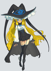  :&gt; alternate_costume alternate_hairstyle artist_name black_dress black_footwear black_thighhighs blonde_hair blue_eyes boots cape commentary_request dated dress female full_body garter_straps hat high_heel_boots high_heels lilith_(yamibou) long_hair long_sleeves photoshop_(medium) puffy_long_sleeves puffy_sleeves short_dress sleeves_past_wrists solo thighhighs very_long_hair yami_to_boushi_to_hon_no_tabibito yu_li zettai_ryouiki 