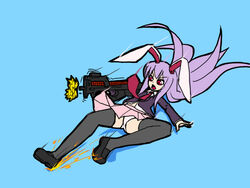  animal_ears bullpup cat-of-nine-tails commentary_request female firing flat_color gun long_hair muzzle_flash necktie p90 panties pantyshot parody purple_hair rabbit_ears red_eyes reisen_udongein_inaba simple_background skirt sliding solo sparks submachine_gun thighhighs touhou underwear vanquish_(game) weapon 