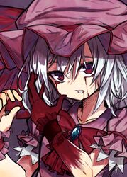  blood blood_from_eyes blood_on_hands blue_hair clenched_teeth commentary_request female hat hat_ribbon highres izayoi_cha looking_at_viewer mob_cap puffy_sleeves red_eyes remilia_scarlet ribbon short_hair short_sleeves solo teeth touhou upper_body wrist_cuffs 