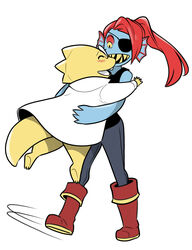  2015 alphys anthro blush clothing cubewatermelon duo female female/female fish hair happy hug jumping love marine open_mouth orange_body orange_scales scales sharp_teeth simple_background smile teeth undertale undertale_(series) undyne white_background 