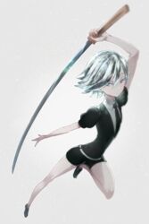  1other androgynous arm_up black_necktie black_shirt black_shorts closed_mouth collared_shirt commentary_request full_body gem_uniform_(houseki_no_kuni) goshenite_(houseki_no_kuni) grey_background hair_between_eyes holding holding_sword holding_weapon houseki_no_kuni jumping katana knee_up looking_at_viewer matsumoto_tomoyohi necktie other_focus puffy_short_sleeves puffy_sleeves shirt short_hair short_sleeves shorts solo sword weapon white_shirt wing_collar 