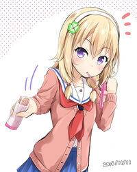  blonde_hair cardigan clover commentary_request dated female food four-leaf_clover hair_ornament hairband high_school_fleet long_hair long_sleeves mouth_hold neckerchief pink_sweater pirason pocky pocky_day pov purple_eyes red_neckerchief school_uniform serafuku solo sweater wakasa_reo yokosuka_girls_marine_high_school_uniform 