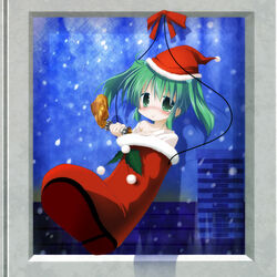  blush boots cityscape commentary_request female food goomba&#039;s_shoe green_eyes green_hair hat izumi_yukiru kisume mario_(series) meat red_pupils santa_hat smile solo super_mario_bros._3 touhou twintails 