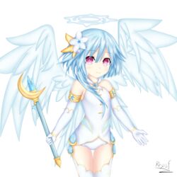  absurdres angel artist_name bare_shoulders blue_hair commentary_request cosplay elbow_gloves feathered_wings female flower four_goddesses_online:_cyber_dimension_neptune gloves hair_flower hair_ornament halo highres holding holding_staff jewelry long_hair looking_at_viewer neptune_(series) power_symbol power_symbol-shaped_pupils red_eyes rhapsofree simple_background smile solo staff symbol-shaped_pupils thighhighs white_background white_gloves white_heart_(neptunia) white_heart_(neptunia)_(cosplay) white_sister_rom white_thighhighs wings 