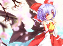  :&lt; ascot bad_id bad_pixiv_id bat_wings blurry blush bow cherry_blossoms cosplay depth_of_field detached_sleeves female finger_to_mouth gennsuikyou hairbow hakurei_reimu hakurei_reimu_(cosplay) petals photoshop_(medium) purple_hair red_bow red_eyes remilia_scarlet short_hair solo touhou wings 