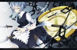  apron bad_id bad_pixiv_id bloodcatblack blue_dress braid bug butterfly chains dress female grey_hair hair_ribbon izayoi_sakuya knife letterboxed looking_at_viewer maid pocket_watch puffy_sleeves red_eyes ribbon shirt short_sleeves solo thighhighs touhou twin_braids waist_apron watch white_thighhighs wrist_cuffs zettai_ryouiki 