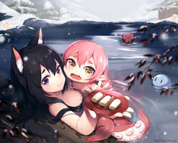  2girls animal_ears artist_name blurry blurry_foreground cat_ears closed_mouth commentary_request creature dated day depth_of_field food grey_sky hair_between_eyes holding holding_plate horizontal_pupils kisero_(kyuri_tizu) kyuri_tizu lake long_hair looking_at_viewer monster_girl multiple_girls octopus oden oerba_yun_fang open_mouth original outdoors partially_submerged pink_hair plate pointy_ears purple_eyes scylla sky smile snow snowing snowman syrene_(kyuri_tizu) tentacle thick_eyebrows wavy_mouth winter yellow_eyes 