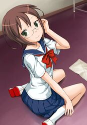  app asougi_nayuta dentaku_girl glasses green_eyes school_uniform serafuku short_hair sitting 