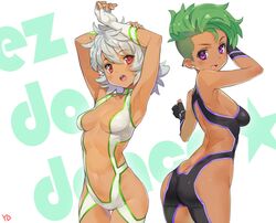  2girls armpits arms_up ass black_gloves bodysuit breasts commentary_request dark-skinned_female dark_skin ear_piercing ez_do_dance genderswap_(mtf) gloves green_hair grey_hair highres king_of_prism king_of_prism_by_prettyrhythm korean_commentary medium_breasts multiple_girls nishina_kazuki piercing pretty_rhythm pretty_series purple_eyes red_eyes revealing_clothes rule_63 short_hair signature simple_background smile song_name undercut white_background white_gloves yamato_alexander yd_(orange_maru) 