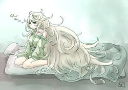  absurdly_long_hair bed commentary_request curly_hair female futon green_eyes hair_down hiromasu kantai_collection knees long_hair messy_hair nightgown off_shoulder on_bed pillow signature sitting sleepwear sleepy solo unryuu_(kancolle) very_long_hair white_hair whorled_clouds 