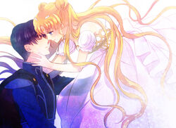  1boy armor back_bow bishoujo_senshi_sailor_moon black_hair blonde_hair blue_eyes bow chiba_mamoru closed_eyes commentary_request couple crescent crescent_facial_mark double_bun dress endymion_(sailor_moon) facial_mark female forehead_mark hair_bun hair_ornament hairpin long_hair photoshop_(medium) princess_serenity samako smile straight tsukino_usagi twintails very_long_hair white_dress 