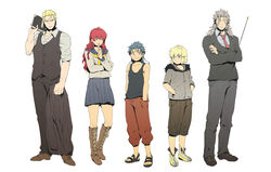  4boys alternate_costume androgynous annotated blonde_hair blue_hair braid casual closed_eyes commentary_request contemporary crossdressing female gesuidou_(hephaestus1214) green_eyes hokuto_no_ken lineup male_focus multiple_boys necktie otoko_no_ko photoshop_(medium) red_hair rei_(hokuto_no_ken) scar school_uniform serafuku shin_(hokuto_no_ken) shu_(hokuto_no_ken) souther yuda_(hokuto_no_ken) 