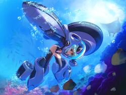  animal blue_hair ein_(long_cake) female fish gadget_trial hisoka_(gadget_trial) mecha_musume non-web_source red_eyes solo underwater water 