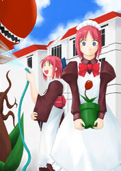  2girls apron artist_request audrey_ii crossover flower_pot hisui_(tsukihime) hose kohaku_(tsukihime) little_shop_of_horrors long_sleeves maid multiple_girls plant red_hair short_hair siblings tsukihime twins water 