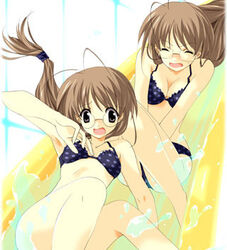  2girls bikini brown_eyes brown_hair chigusa_koi chigusa_ui closed_eyes futakoi glasses long_hair low-tied_long_hair lowres multiple_girls photoshop_(medium) polka_dot polka_dot_bikini sasaki_mutsumi siblings sisters swimsuit twins water water_slide wet 