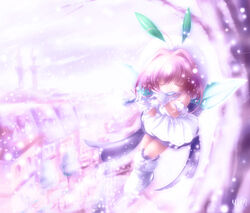  ahoge chicchana_yukitsukai_sugar female flute hat instrument pink_hair short_hair signature snowing solo sugar_(chicchana_yukitsukai_sugar) tree wings yukirin 