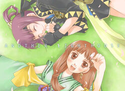  2girls :d ^_^ arm_up blush brown_eyes brown_hair checkered cherry_blossoms closed_eyes detached_sleeves earrings fingerless_gloves flat_chest from_above gensou_suikoden gensou_suikoden_v gloves grass hair_ornament hair_rings headband japanese_clothes jewelry kizuki_miki long_hair lowres lying lymsleia_falenas miakis_(suikoden) multiple_girls on_back on_side open_mouth outdoors petals purple_hair sash scarf short_hair smile 