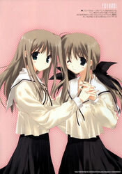  2000s_(style) 2girls ;) ahoge aqua_eyes black_ribbon black_skirt blue_eyes blush closed_mouth copyright_name cowboy_shot duplicate expressionless from_side futakoi grey_hair hair_ribbon halftone hand_up highres holding_hands interlocked_fingers light_smile long_hair long_skirt long_sleeves looking_at_viewer looking_back low_twintails mitsumi_misato multiple_girls one_eye_closed outline parted_bangs photoshop_(medium) pink_background pocket ribbon scan school_uniform serafuku shirogane_sara shirogane_souju siblings sidelocks sisters skirt sleeve_cuffs smile standing translation_request twins twintails watermark web_address 