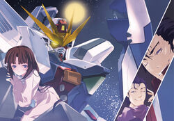  2boys after_war_gundam_x black_hair blue_eyes blue_hair brown_hair dress female glowing glowing_eyes gundam gundam_x_divider long_hair long_sleeves mecha mobile_suit moon multiple_boys olba_frost one_eye_closed photoshop_(medium) robot ruroo shagia_frost smile space tiffa_adill very_long_hair 