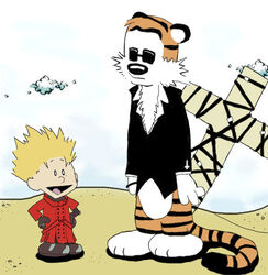  1boy bill_watterson_(style) blonde_hair calvin_&amp;_hobbes calvin_(calvin_&amp;_hobbes) commentary cosplay english_commentary hands_on_own_hips hobbes_(calvin_&amp;_hobbes) male_focus nicholas_d._wolfwood nicholas_d._wolfwood_(cosplay) open_mouth parody spiffybug tail trigun vash_the_stampede vash_the_stampede_(cosplay) 