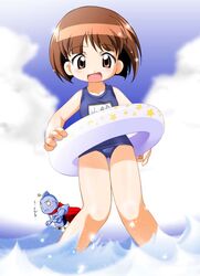  brown_eyes brown_hair dokkoida dokkoider female hiro_hiroki innertube lolicon name_tag non-web_source one-piece_swimsuit open_mouth sakurazaki_kosuzu school_swimsuit short_hair solo_focus swim_ring swimsuit thigh_gap wading water 