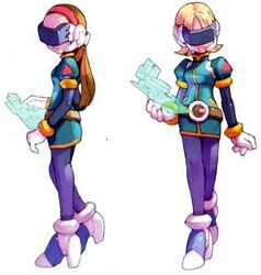  2girls blonde_hair brown_hair glasses joan_(mega_man) long_hair lowres mega_man_(series) mega_man_zero_(series) multiple_girls nakayama_tooru official_art open_mouth pants pantyhose purple_pants rouge_(mega_man) short_hair sideways_glance 