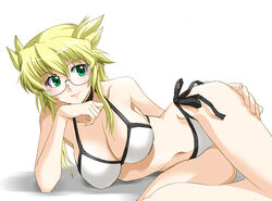  bikini blonde_hair breasts cleavage demonbane female glasses green_eyes inue_shinsuke large_breasts leica_(demonbane) lying on_side side-tie_bikini_bottom smile solo swimsuit white_bikini 