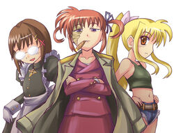  3girls artist_request balalaika_(black_lagoon) balalaika_(black_lagoon)_(cosplay) belt black_lagoon blonde_hair brown_hair cigar cosplay crop_top crossed_arms crossover fate_testarossa formal glasses jacket jacket_on_shoulders jewelry long_sleeves lyrical_nanoha mahou_shoujo_lyrical_nanoha mahou_shoujo_lyrical_nanoha_a&#039;s maid midriff multiple_girls parody pencil_skirt pendant purple_eyes red_eyes revy_(black_lagoon) revy_(black_lagoon)_(cosplay) ribbon roberta_(black_lagoon) roberta_(black_lagoon)_(cosplay) short_shorts shorts simple_background skirt skirt_suit smoking suit takamachi_nanoha twintails white_background white_devil yagami_hayate 