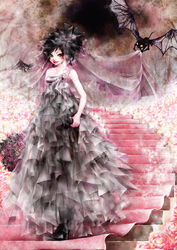  artist_request bat_(animal) black_dress black_hair blush boots bridal_veil bride dark_bride dress female goth_fashion makeup original solo source_request stairs veil wedding_dress 