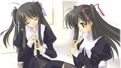  2girls flute futakoi instrument long_sleeves lowres multiple_girls photoshop_(medium) recorder sakurazuki_kira sakurazuki_yura sasaki_mutsumi school school_uniform siblings sisters twins twintails 