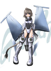  aircraft airplane blue_eyes boots claws coat_of_arms female highleg highleg_leotard jet leotard mecha_musume military nano_(nanosize) original saab_gripen solo svenska_flygvapnet sweden tail tre_kronor 