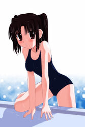  black_one-piece_swimsuit blush drain_(object) female kannagi_youko looking_at_viewer one-piece_swimsuit pool poolside school_swimsuit solo sparkle swimsuit tokino twintails ukagaka water wet 