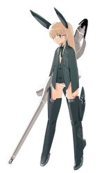  animal_ears blonde_hair blouse blue_eyes character_request female germany glasses gun huge_weapon konami_mecha_musume long_sleeves lowleg lowleg_panties mecha_musume military no_pants panties rabbit_ears rabbit_tail shimada_fumikane shirt solo standing tail underwear vest weapon white_panties world_war_ii 