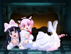  2girls aizawa_masahiro animal_ears artemis_(tsukuyomi) cat_ears hazuki_(tsukuyomi) long_sleeves multiple_girls photoshop_(medium) third-party_edit third-party_watermark tsukuyomi_moonphase 