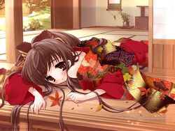  2003 autumn bare_shoulders blush bow brown_eyes brown_hair closed_mouth corrupted_metadata english_text expressionless female floral_print floral_print_sash garden hair_in_own_mouth hairbow highres indoors interior ito_noizi japanese_clothes kimono komorebi_ni_yureru_tamashii_no_koe leaf long_hair long_sleeves looking_at_viewer lying maple_leaf off_shoulder ponytail porch red_kimono ribbon sleepy sliding_doors solo sui_(komorebi) tatami very_long_hair yukata 