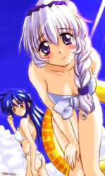  2girls artist_name bent_over bikini blush chidori_kaname cloud day full_metal_panic innertube multiple_girls outdoors purple_eyes signature sky swim_ring swimsuit teletha_testarossa tokino white_bikini 