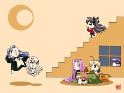  6+girls artoria_pendragon_(fate) blonde_hair fate/hollow_ataraxia fate/stay_night fate_(series) fujimura_taiga illyasviel_von_einzbern jpeg_artifacts keikenchi kotatsu long_sleeves matou_sakura medea_(fate) medusa_(fate) medusa_(rider)_(fate) multiple_girls punching saber_(fate) table tohsaka_rin 