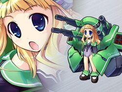  :d :o bare_legs blonde_hair blue_eyes brown_footwear dress ein_(long_cake) female flat_chest gadget_trial green_socks green_theme grey_background long_hair mecha_musume multiple_views non-web_source purple_dress shoes sidelocks smile socks standing striped_background yu-ri_(gadget_trial) zoom_layer 