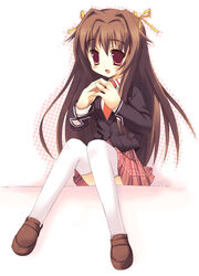  blazer blush bra-ban! brown_hair female full_body jacket long_hair long_sleeves meito_(maze) nakanoshima_tae photoshop_(medium) red_eyes school_uniform solo thighhighs 